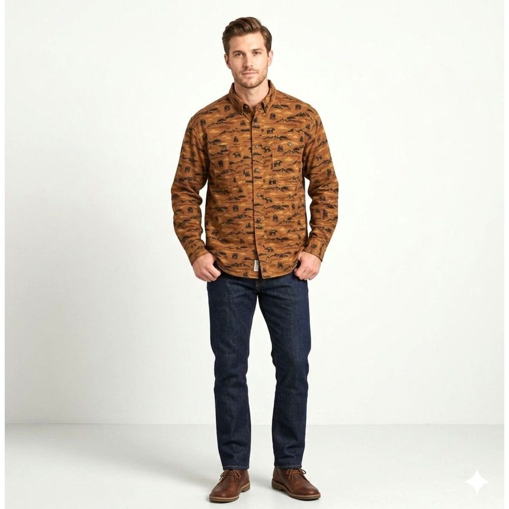 Duluth Trading Co Sz Large Brown Bear & Mountain Patterned 100% Cotton Shirt Men